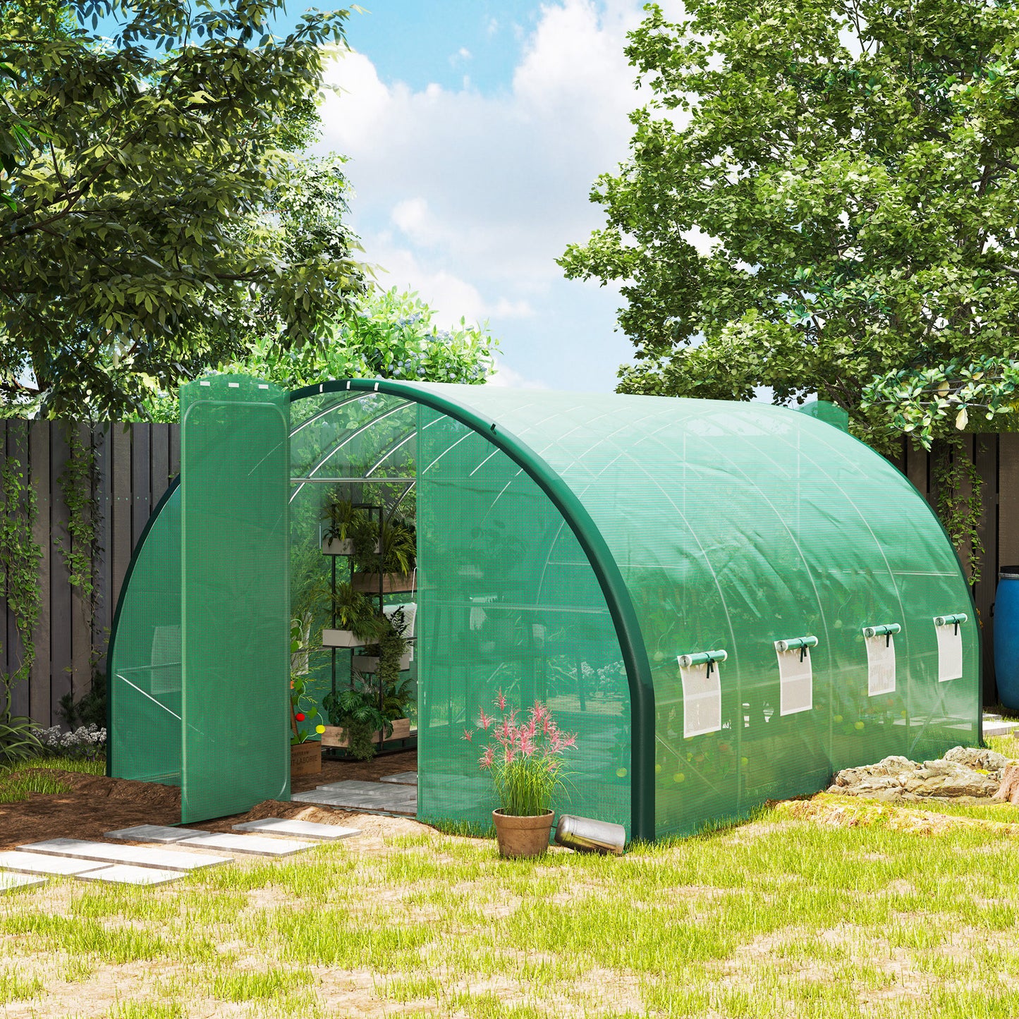 4 x 3 m Polytunnel Greenhouse, with Windows and Doors - Green