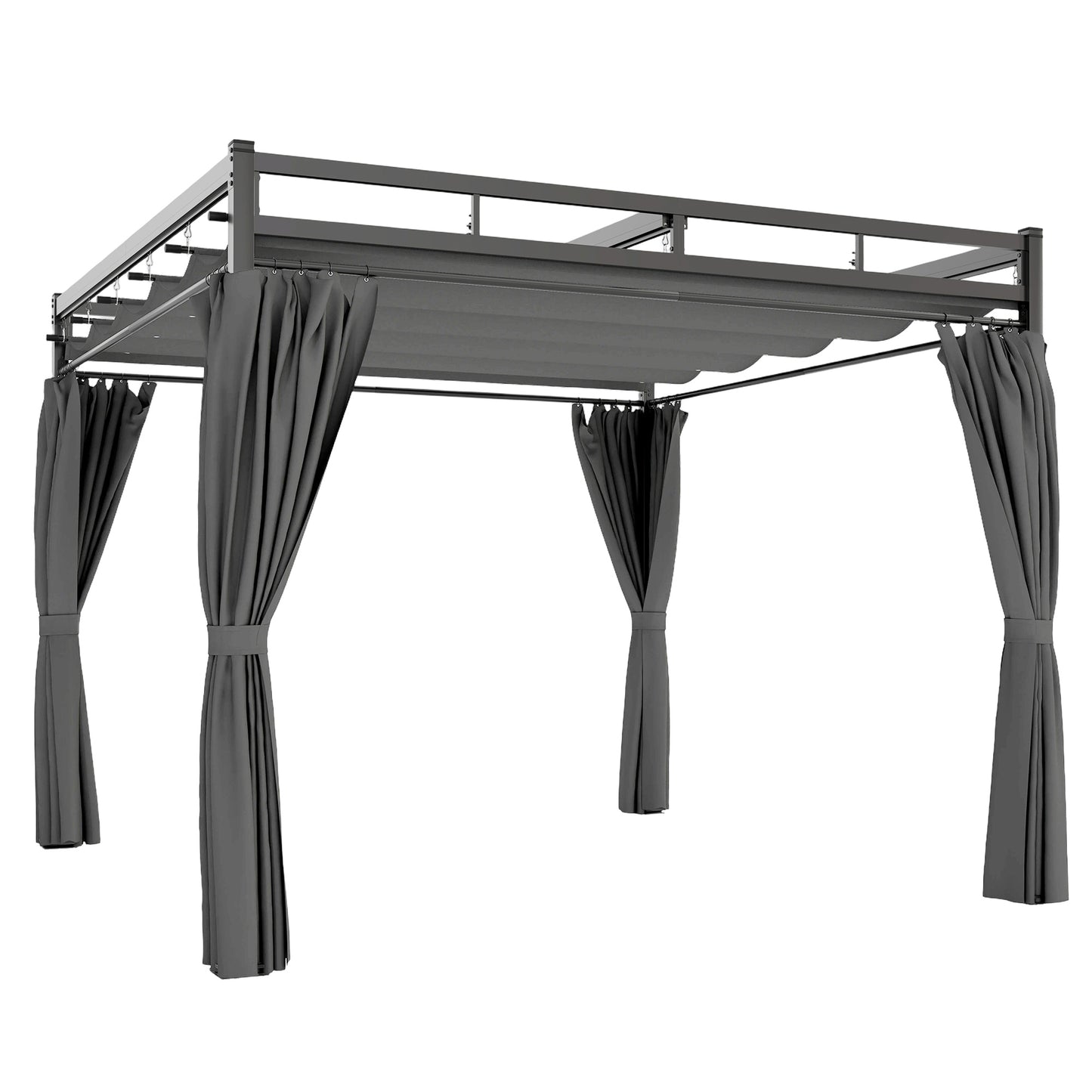 3 x 3 m Pergola with Retractable Roof Canopy and Curtains, UPF30+ Metal Frame Garden Pergola Gazebo Sun Shade, Dark Grey