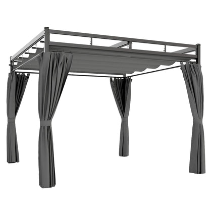 3 x 3 m Pergola with Retractable Roof Canopy and Curtains, UPF30+ Metal Frame Garden Pergola Gazebo Sun Shade, Dark Grey