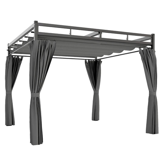 3 x 3 m Pergola with Retractable Roof Canopy and Curtains, UPF30+ Metal Frame Garden Pergola Gazebo Sun Shade, Dark Grey
