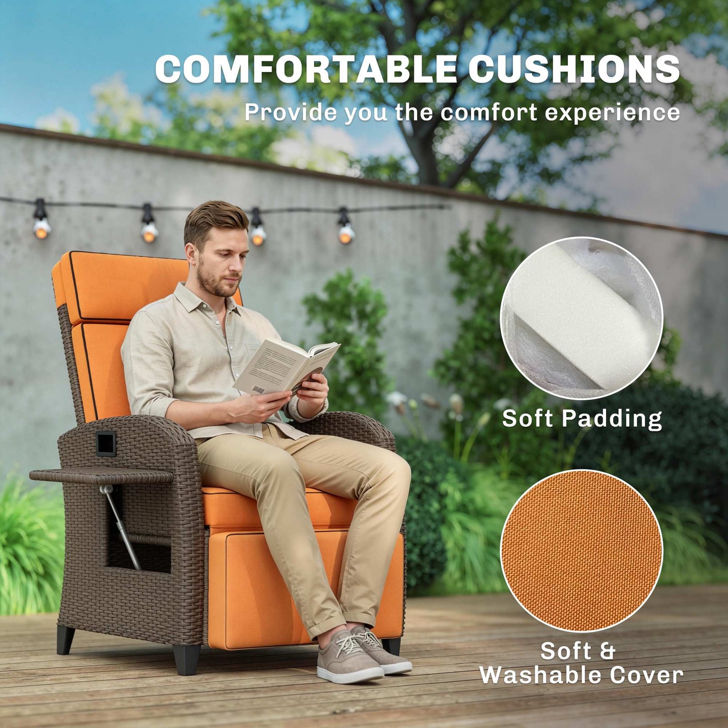 Garden Recliner with Cushion, Outdoor Recliner Chair with Adjustable Backrest & Footrest, Side Tray, Orange