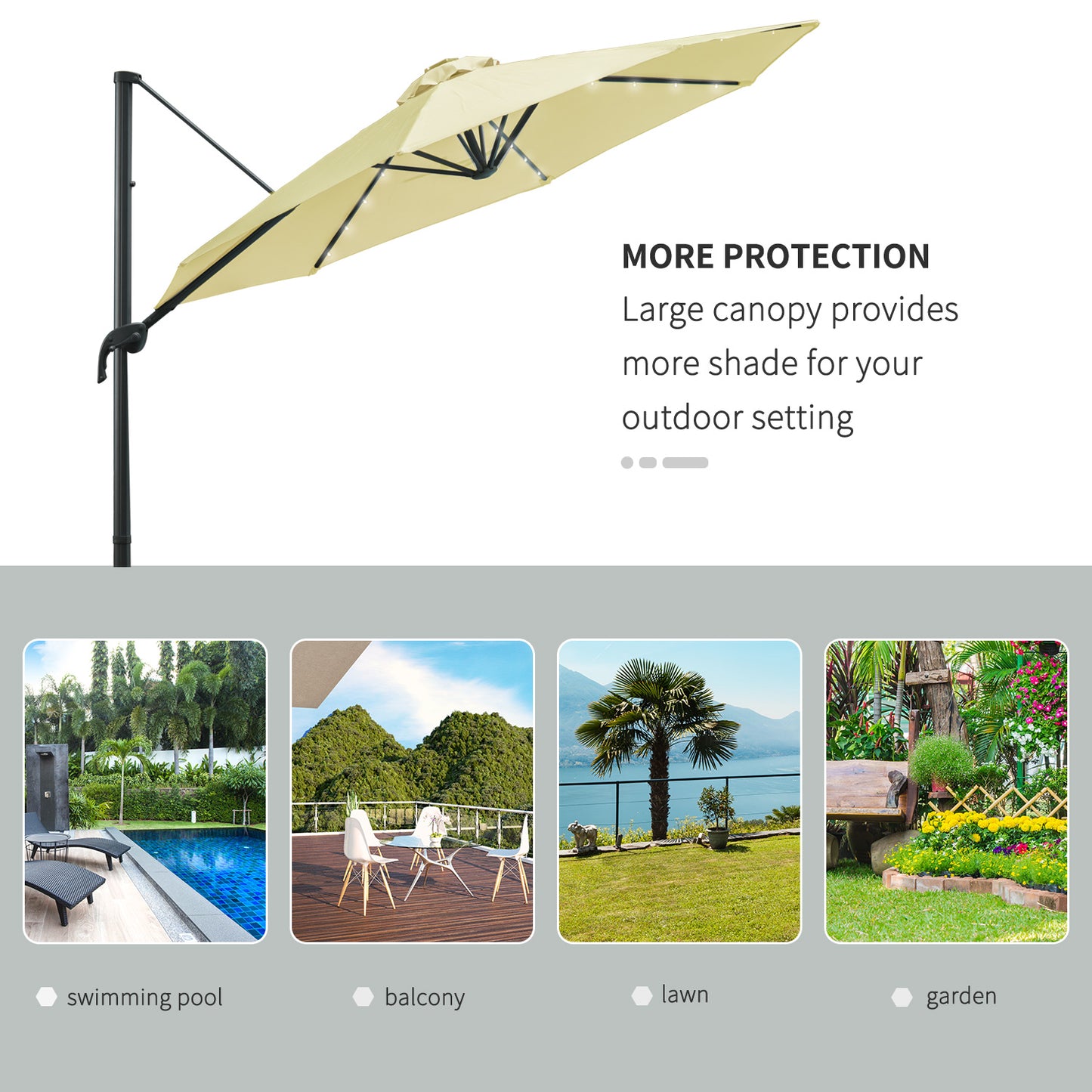 3(m) LED Cantilever Parasol Garden Sun Umbrella w/ Base and Solar Lights Beige