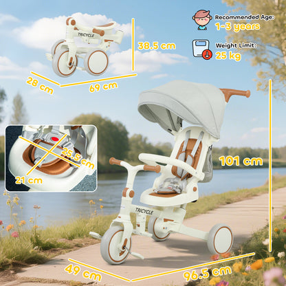 5 in 1 Kids Trike with Adjustable Backrest, Toddler Tricycle with Push Handlebar, Adjustable Backrest, Cream White