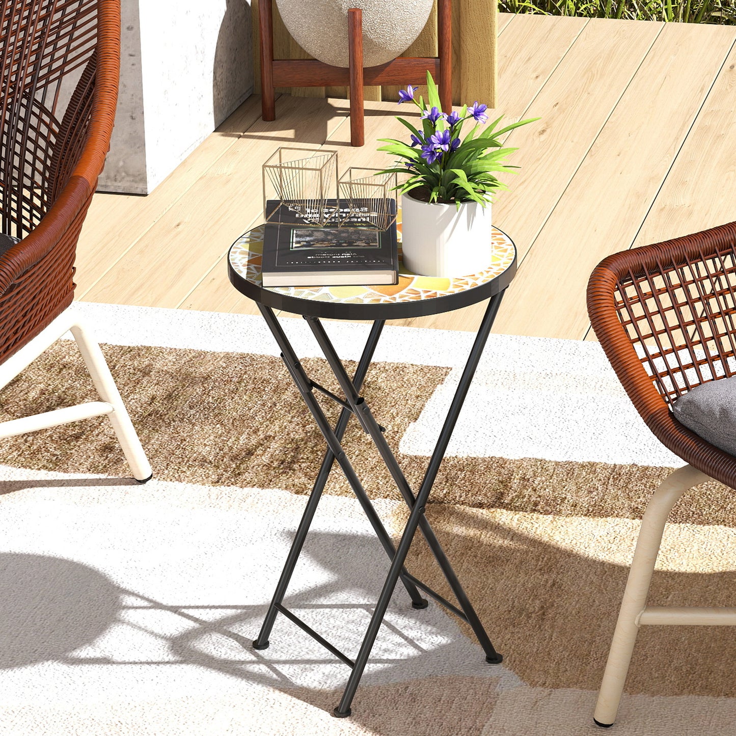 Mosaic Outdoor Garden Table, 35.5cm Round Folding Coffee Table with Metal Frame for Balcony Terrace, Yellow