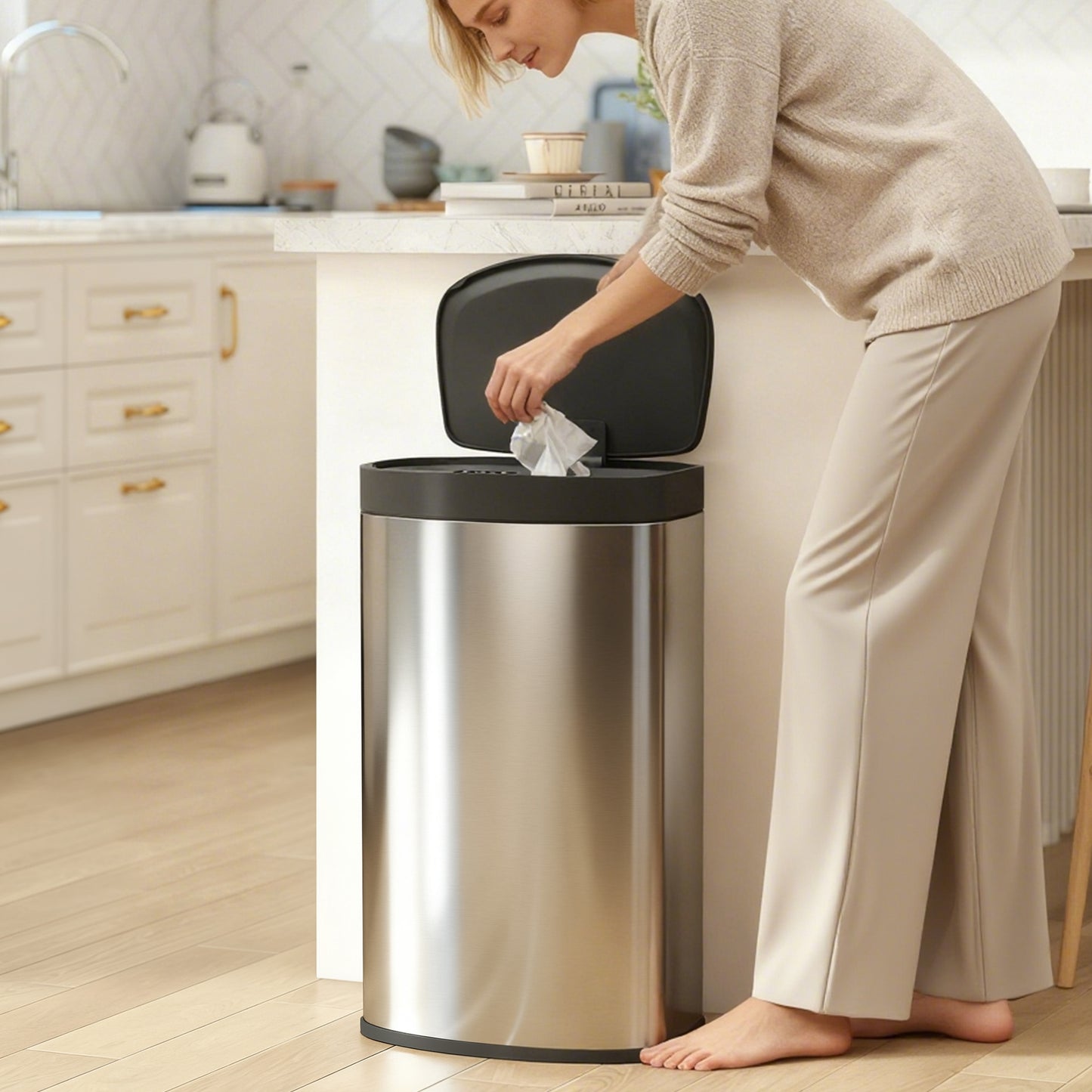 55L Sensor Bin with Soft-Close Lid, Automatic Touchless Motion Sensor Kitchen Bin with Fingerprint Resistant Stainless Steel
