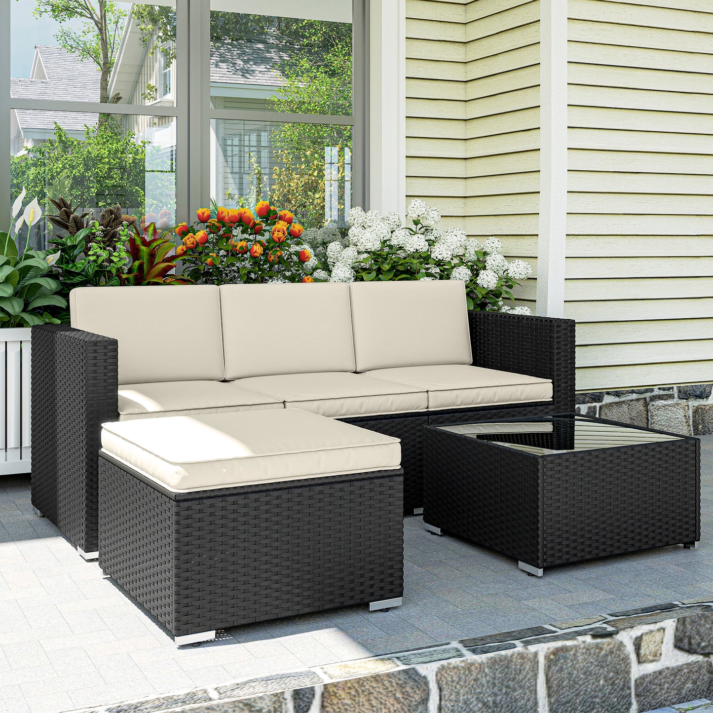 3 Pieces Garden Furniture Set w/ Cushions, PE Rattan Wicker Conversation Corner Sofa Set