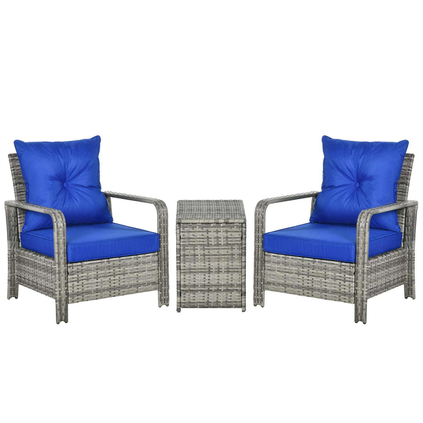 3 Pieces Rattan Bistro Set, Wicker Garden Furniture Set with Storage Coffee Table and Chairs, Thickened Cushions for Outdoor
