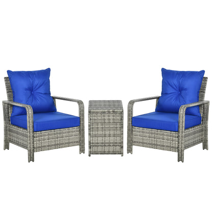 3 Pieces Rattan Bistro Set, Wicker Garden Furniture Set with Storage Coffee Table and Chairs, Thickened Cushions for Outdoor