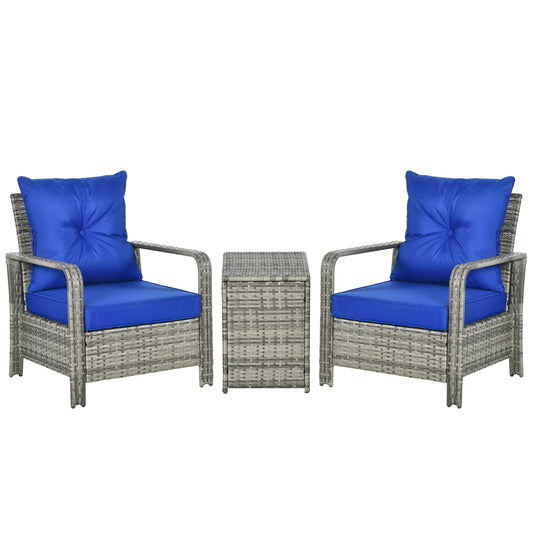 3 Pieces Rattan Bistro Set, Wicker Garden Furniture Set with Storage Coffee Table and Chairs, Thickened Cushions for Outdoor