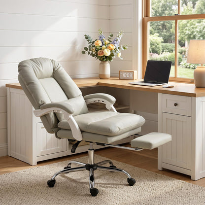 Ergonomic Executive Office Chair, Reclining Desk Chair with Lumbar Support, Footrest, Plush Thick Cushion, Khaki