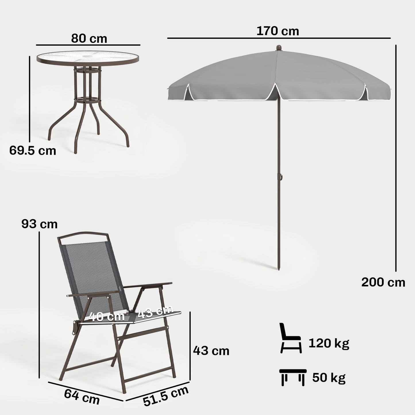 6 Piece Garden Dining Set with Umbrella, Patio Sets with Parasol, 4 Folding Dining Chairs, Dark Grey
