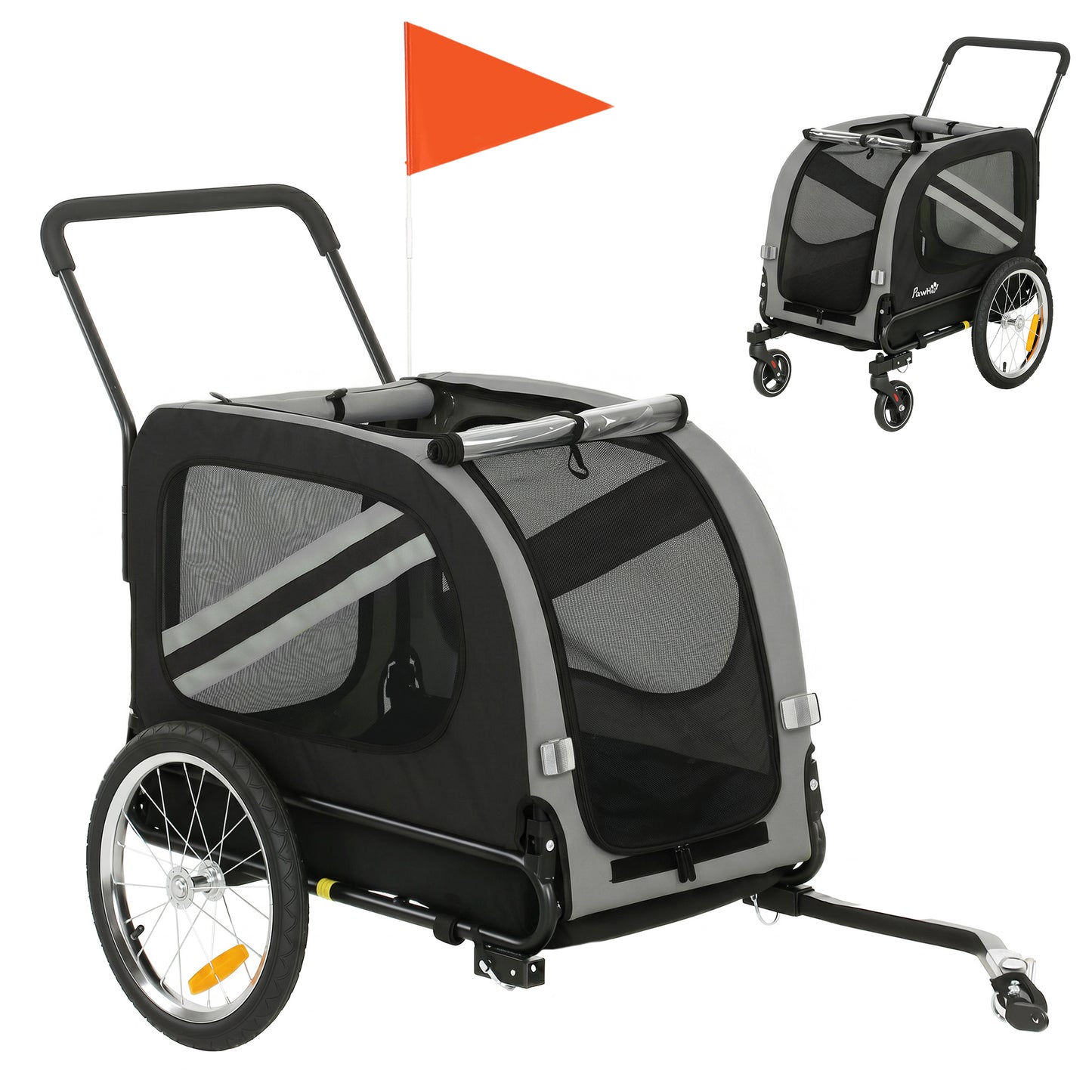 2-In-1 Pet Bike Trailer Dog Stroller Pushchair with Universal Wheel Reflector Flag Grey