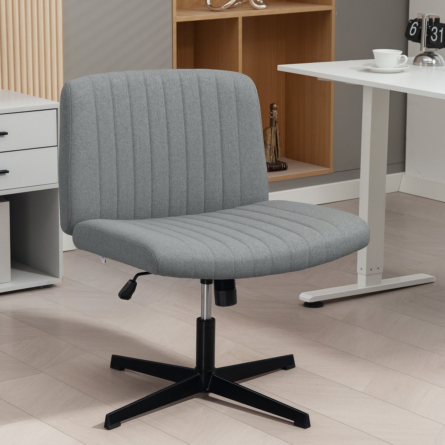 Armless Office Chair No Wheels, Linen Fabric Criss Cross Legged Desk Chair with Wide Seat, Thick Padding, Tilt Function