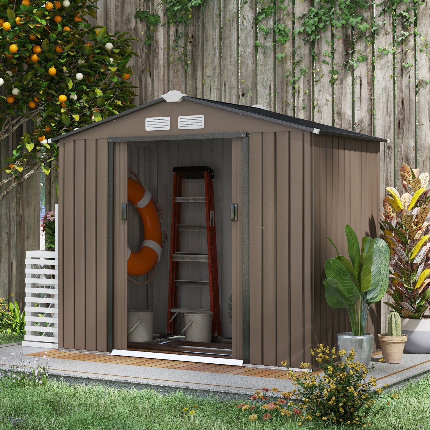 7 x 4ft Metal Garden Shed, Outdoor Storage Tool House with Ventilation Slots, Brown