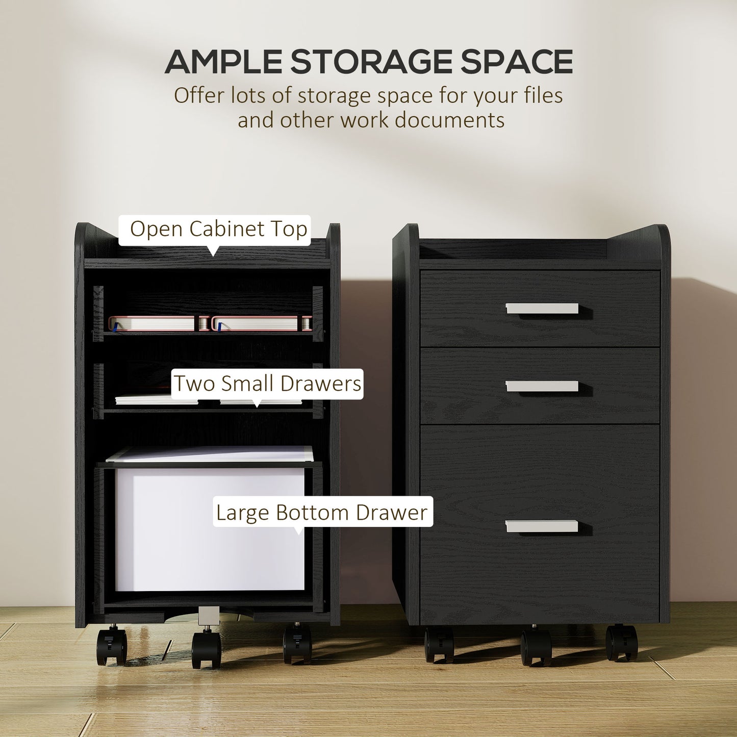 3 Drawer Filing Cabinet, Rolling File Cabinet with Edged Top for Letter, A4 Size, Hanging File Folders, Black