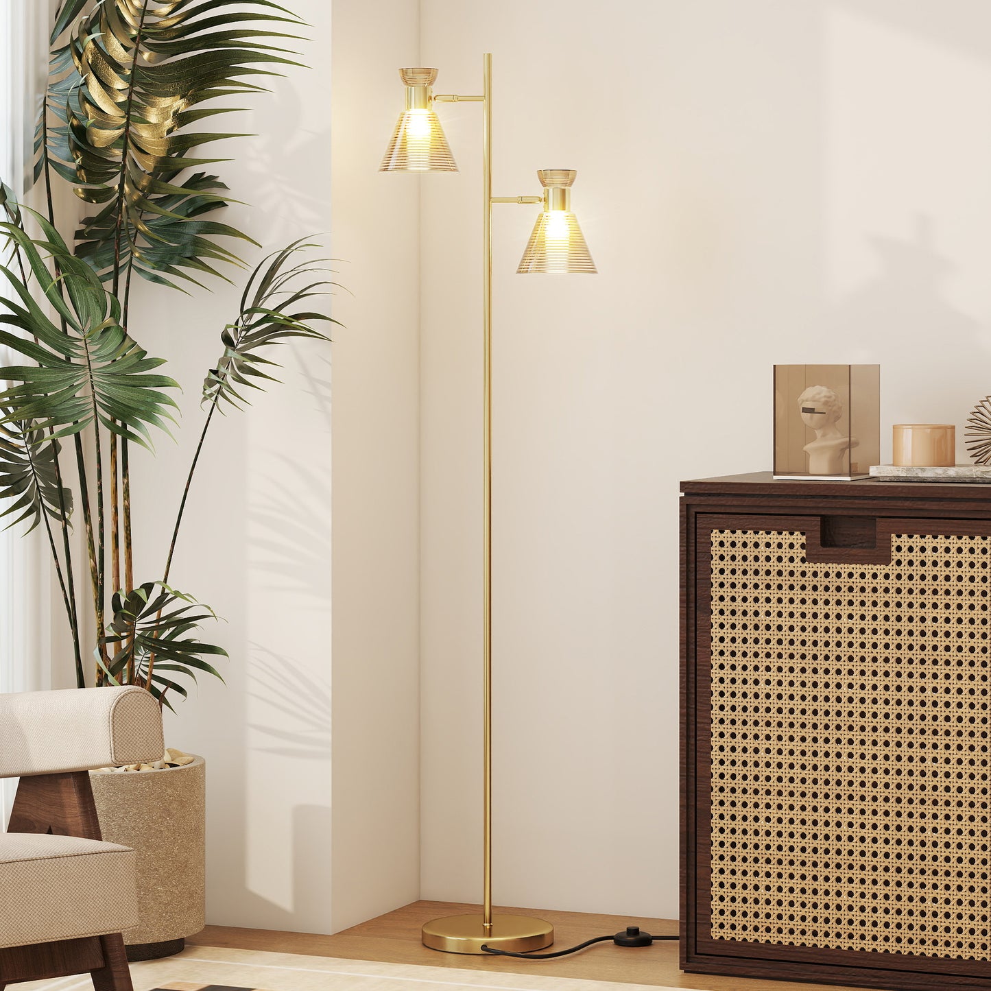Floor Lamp with Adjustable Dual Head, Modern Standing Lamp with Floral Glass Shades and Foot Switch for Living Room Bedroom