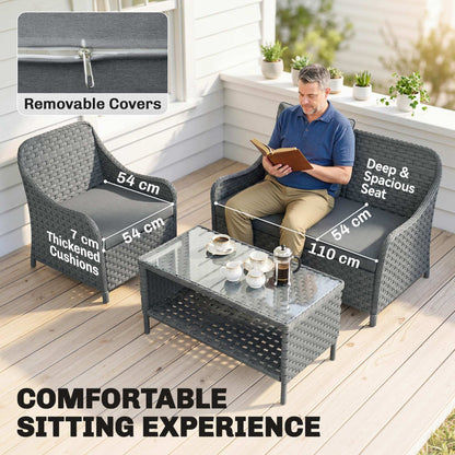 4-Piece Wicker Patio Furniture Set with 2 Armchairs, Loveseat, Glass Coffee Table, Conversation Sofa Set, Dark Grey