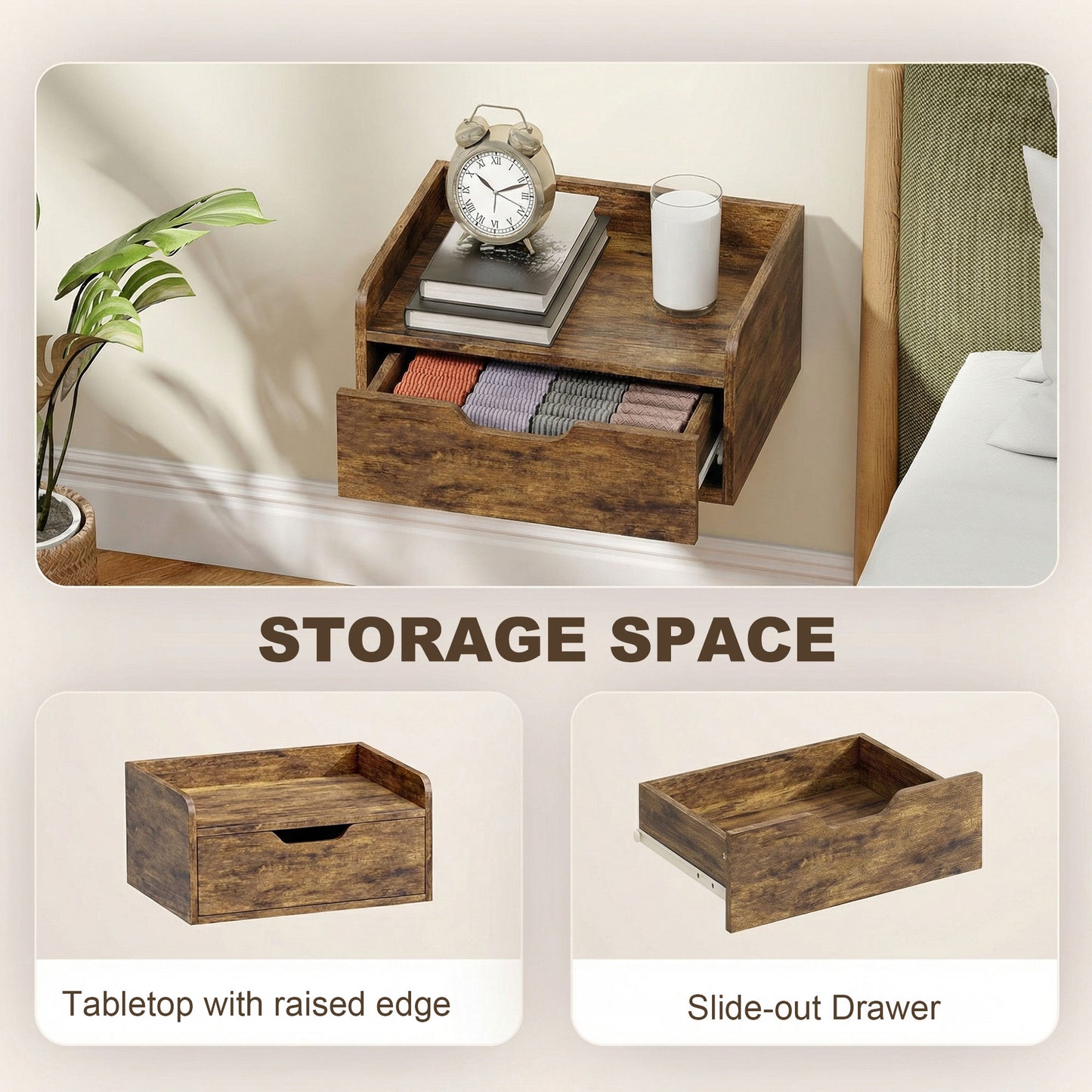 Floating Nightstands Set of 2, Wall Mounted Bedside Table with Drawer for Bedroom, Rustic Brown