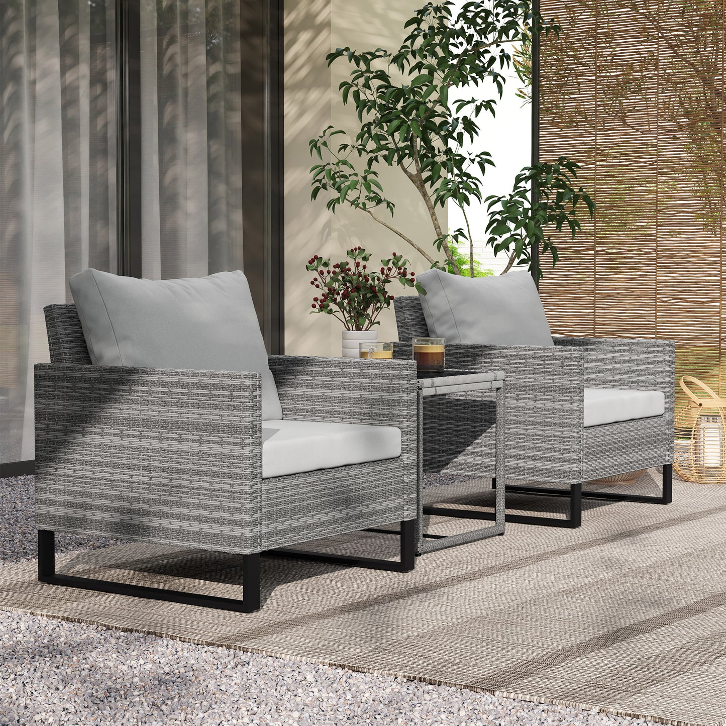 3 Pieces Rattan Bistro Set with 4 Cushions, Wicker Garden Furniture Set, Glass Top Coffee Table and Chairs for Outdoor Patio