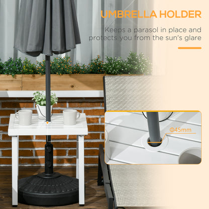 Garden Side Table End Table Patio Coffee Table with Umbrella Hole, Steel Frame for Balcony, White