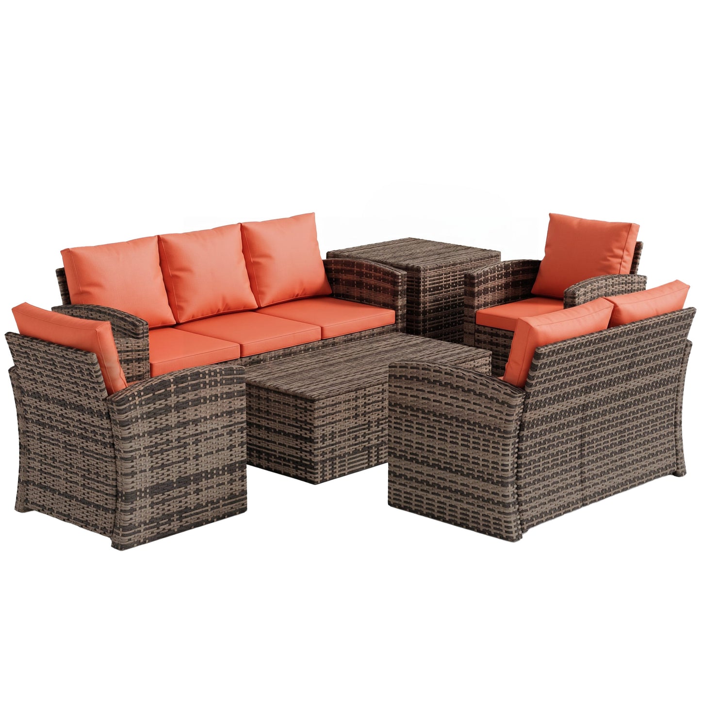 6 Pieces Rattan Garden Furniture Set, 7 Seater Wicker Outdoor Furniture Set with Storage Tea Table & Side Table