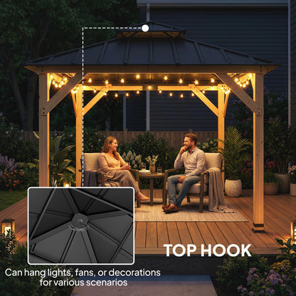 3 x 3 m Outdoor Hardtop Gazebo Canopy with 2-Tier Steel Roof, Wood Garden Gazebo with Curtains, Grey