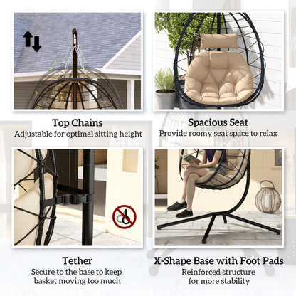 Hanging Egg Chair Outdoor Indoor Garden Swing Chair with Folding Basket, Thickened Cushion, Garden Hanging Chair with Stand