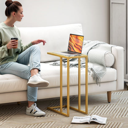 C-Shaped Side Table, Modern Slim End Table with Tempered Glass Tabletop, Steel Frame for Small Space, Living Room, Bedroom