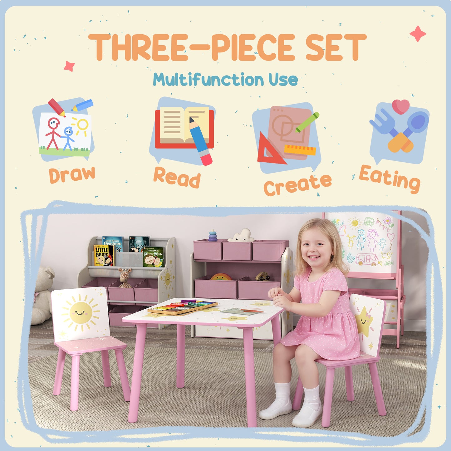 3-Piece Toddler Table and Chair Set, Kids Table with 2 Chairs Set for Bedroom, Nursery, Playroom, Pink