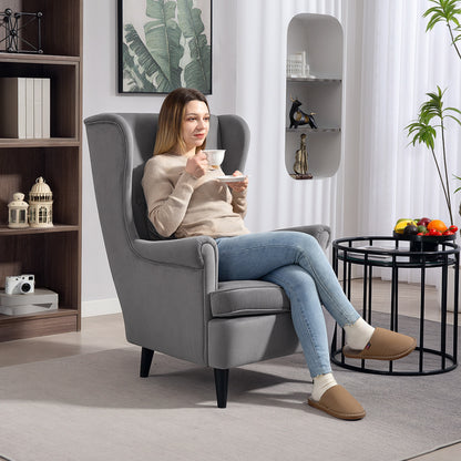 Modern Accent Chair with High Backrest and Pillow, Velvet-Feel Fabric Reading Chair with Solid Wood Legs, Grey