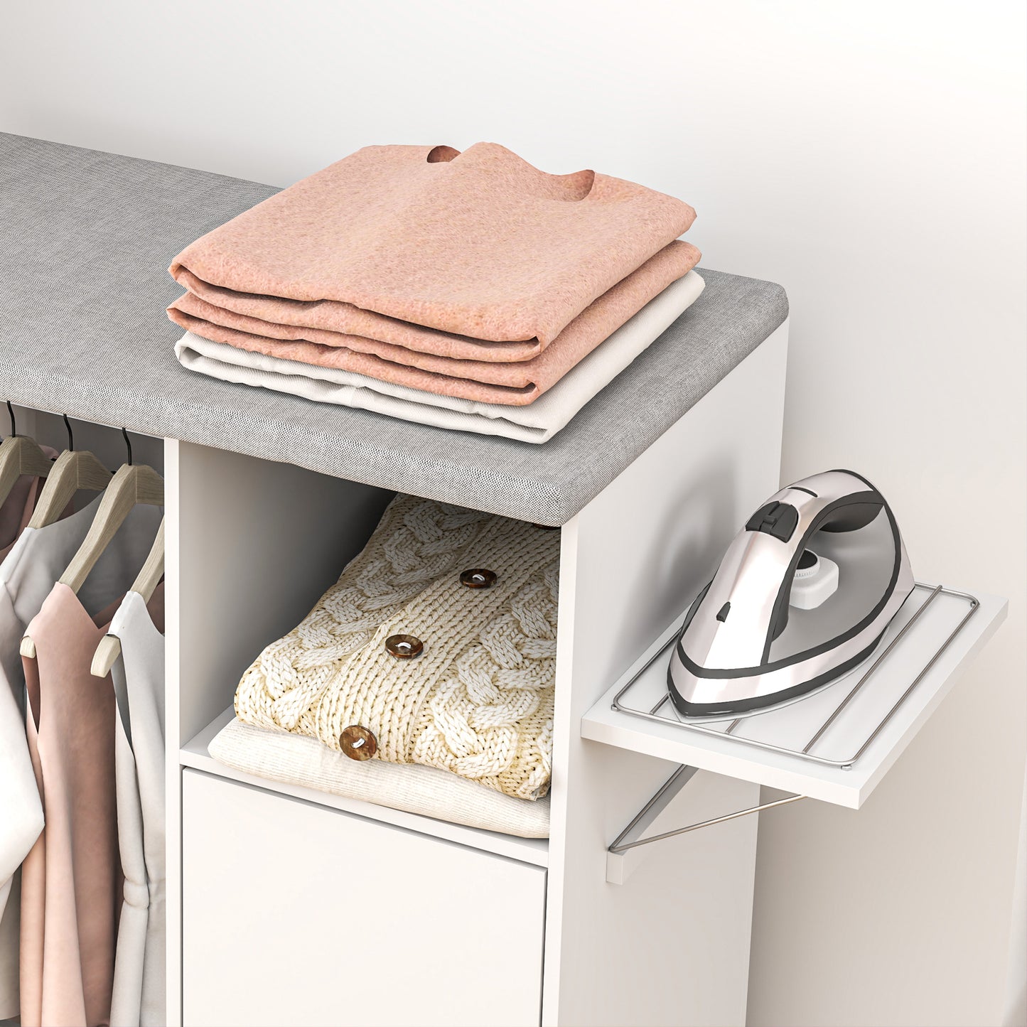 Rolling Ironing Board Cabinet, Foldable Ironing Station with Storage, Wheels for Home, Laundry Room, White