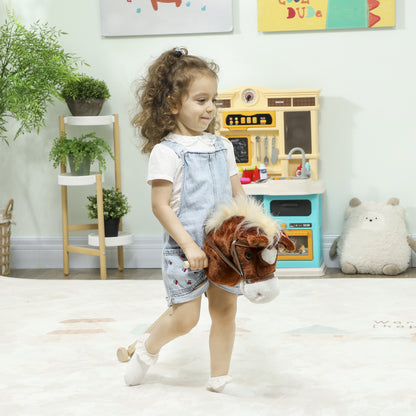 Stick Horse with Wood Wheels, Real Pony Neighing and Galloping Sounds, Grip Handle, 95 cm, Brown