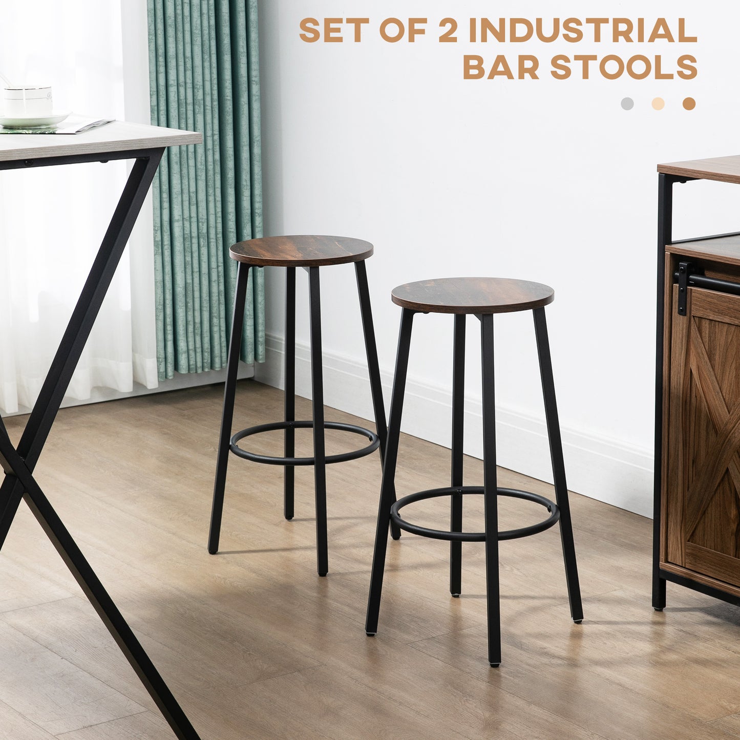 Bar Stools, Set of 2 Kitchen Breakfast Stools with Sturdy Steel Frame, Industrial Tall Bar Chairs, 65cm High Seat