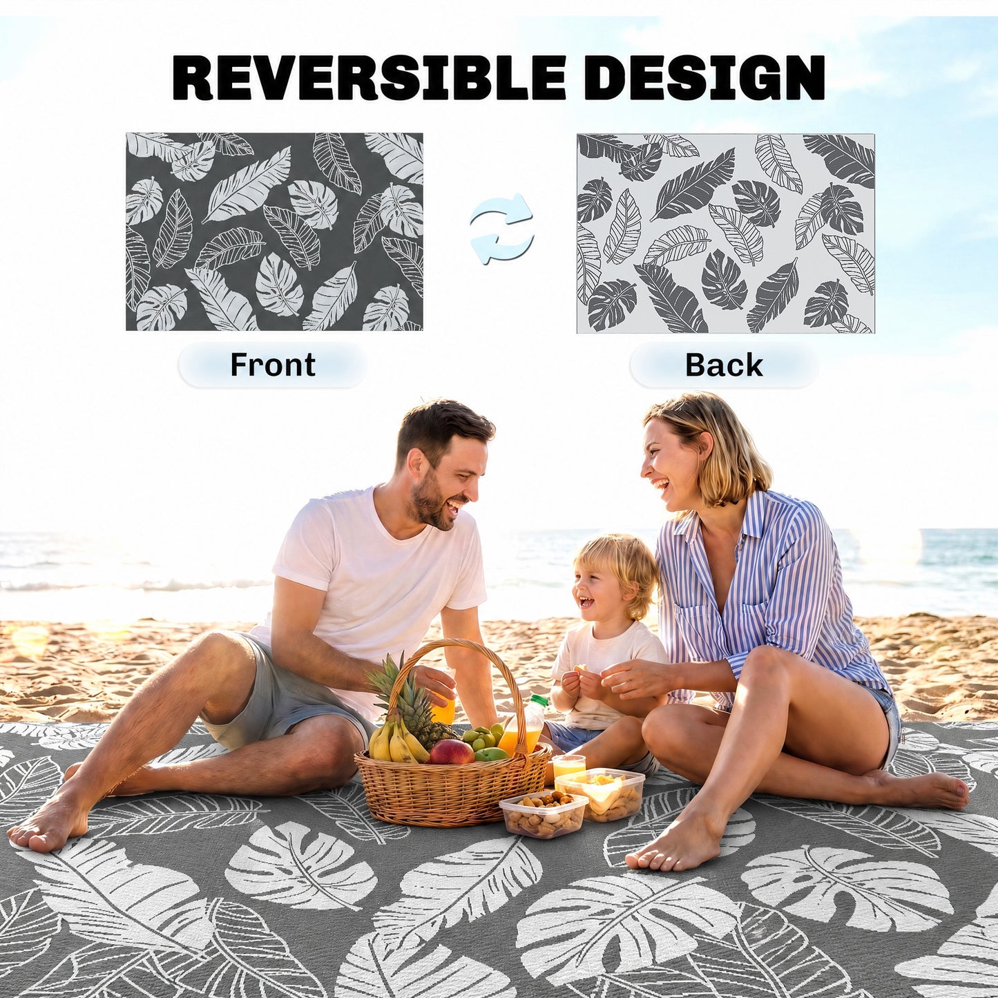 Plastic Straw Reversible RV Outdoor Rug with Carry Bag, 182 x 274cm, Grey and White