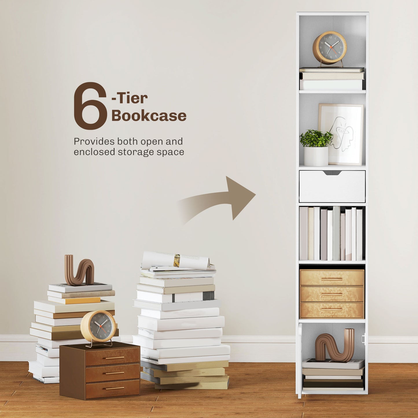 6-Tier Bookcase, Tall Narrow Bookshelf with Drawer and Door - White