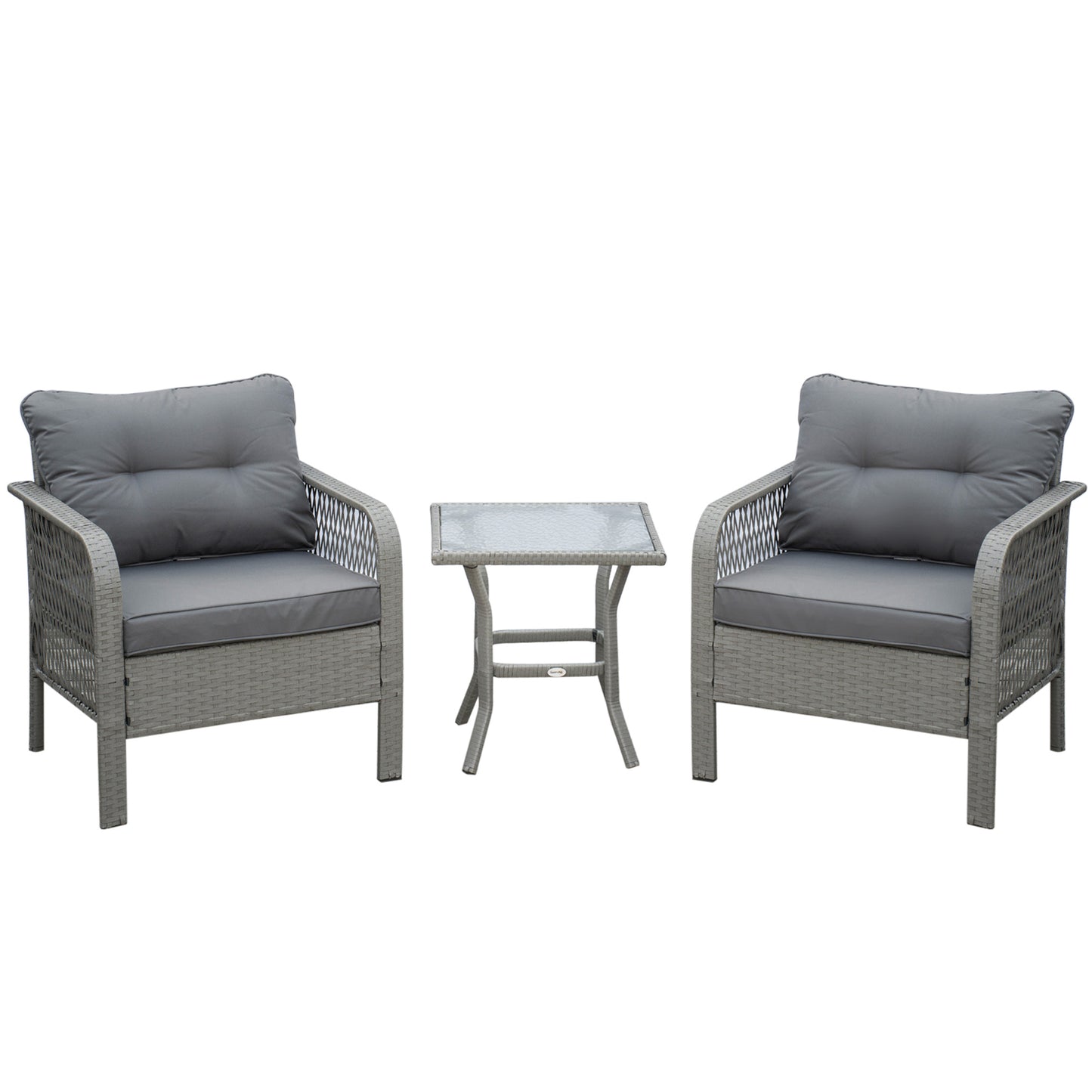 3 Pieces Rattan Bistro Set with Glass Top Coffee Table, Chairs and Cushions for Outdoor, Patio, Balcony, Grey