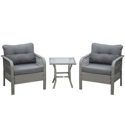3 Pieces Rattan Bistro Set with Glass Top Coffee Table, Chairs and Cushions for Outdoor, Patio, Balcony, Grey