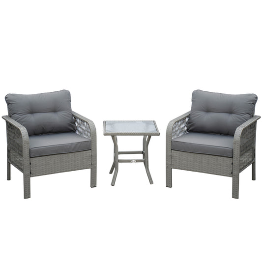 3 Pieces Rattan Bistro Set with Glass Top Coffee Table, Chairs and Cushions for Outdoor, Patio, Balcony, Grey