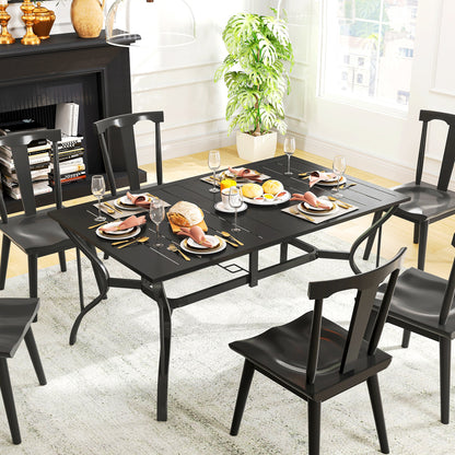 Garden Dining Table with Parasol Hole, Patio Table with Steel Frame and Slat Tabletop, Black