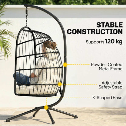 Hanging Egg Chair, Indoor Outdoor Hammock Swing Chair with Stand, Safety Strap, Foldable Basket, Black/Cream White