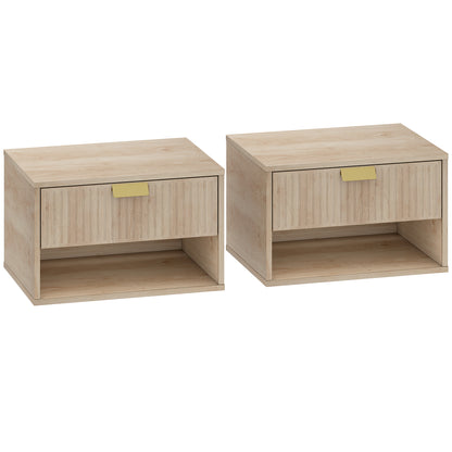 Set of 2 Wall Mounted Nightstands, Floating Bedside Tables with Fluted Drawer and Open Shelf for Small Bedroom, Oak