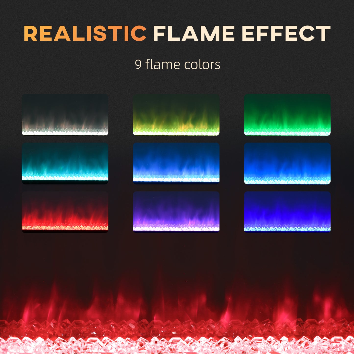 127cm/50" Electric Fireplace, 2000W Recessed and Wall Mounted Electric Fire with Remote Control, 9 Flame Colour and Crystal
