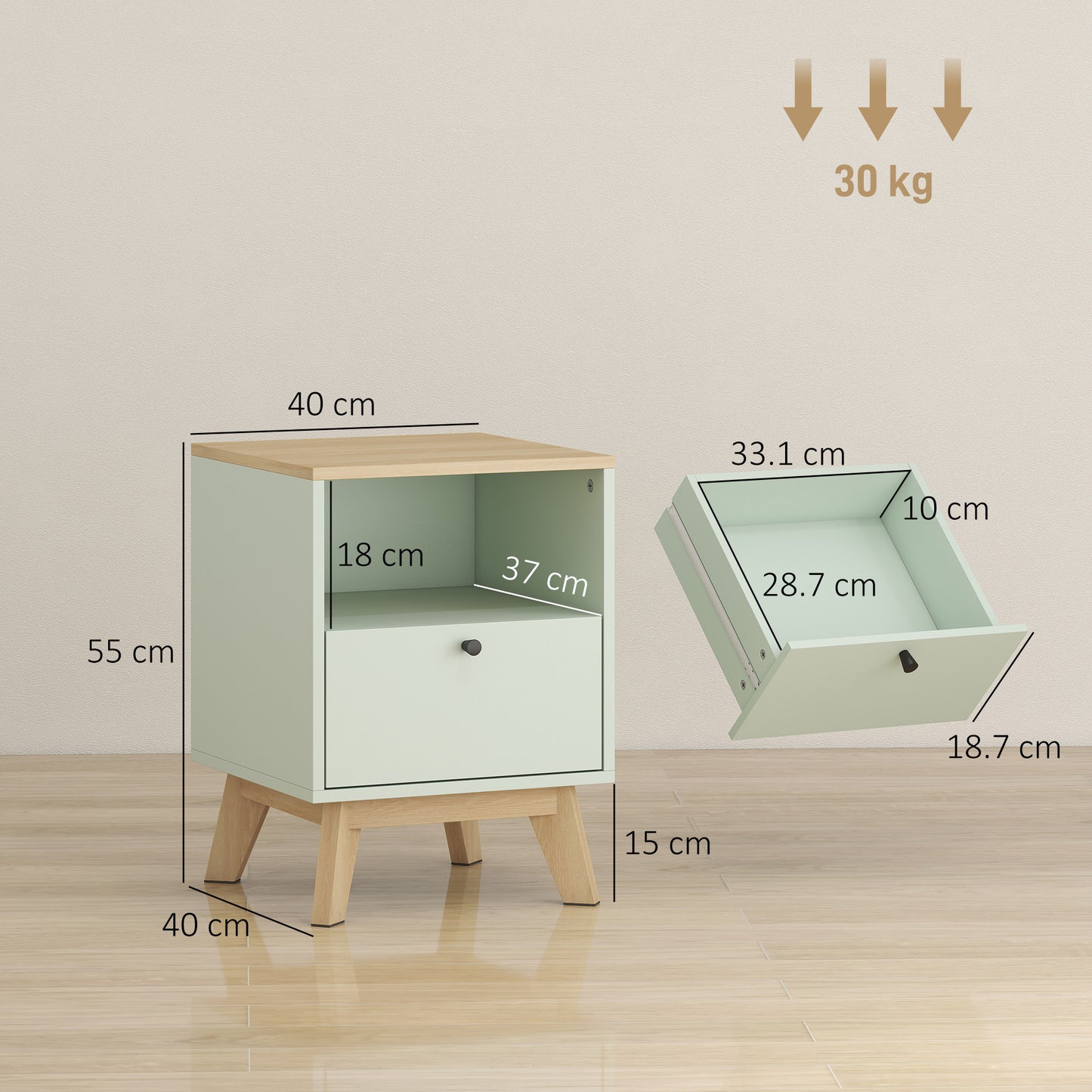 Modern Nightstand Set of 2, Bedside Table with Drawer and Open Shelf, Side End Table for Bedroom, Light Green