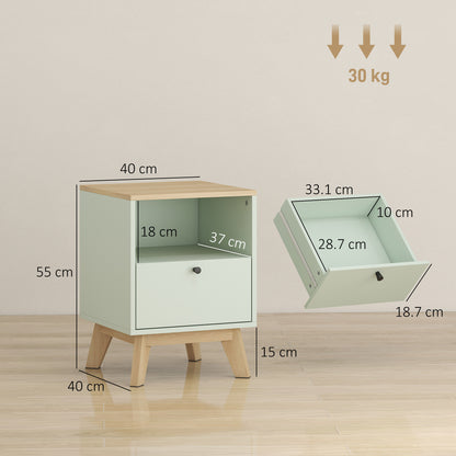 Modern Nightstand Set of 2, Bedside Table with Drawer and Open Shelf, Side End Table for Bedroom, Light Green