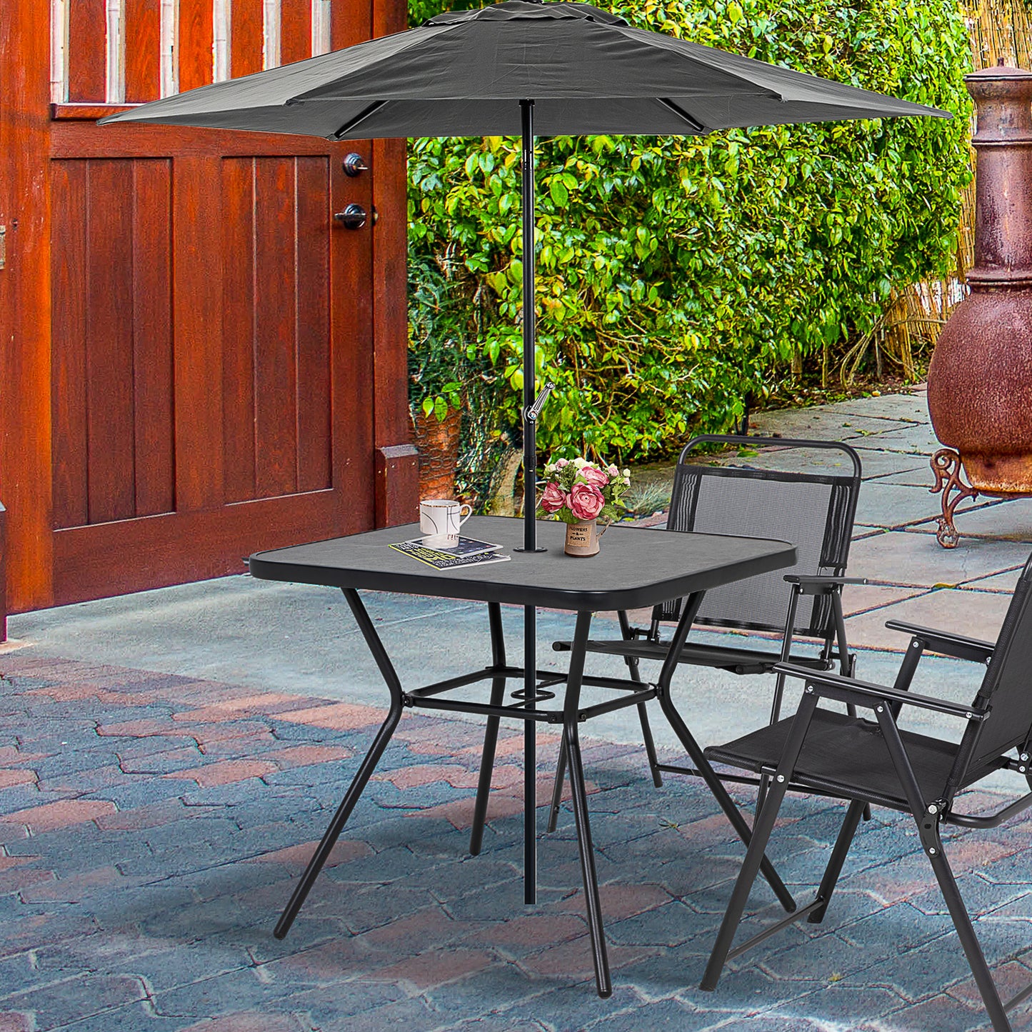Square Outdoor Table, Patio Bistro Coffee Table with Faux-marbled Top and 42mm Umbrella Hole for Garden