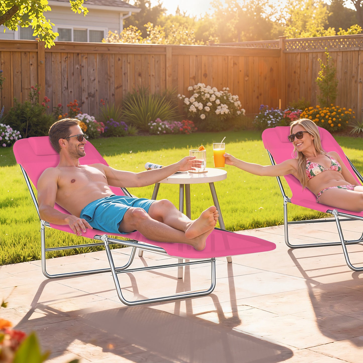 Folding Sun Lounger with Head Pillow - Pink