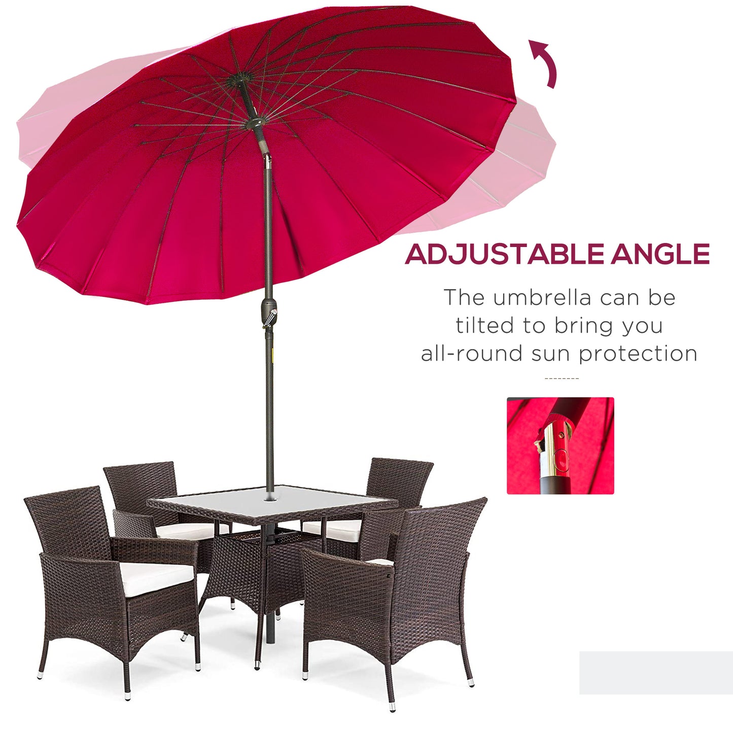 2.5m Shanghai Garden Parasol Umbrella with Crank & Tilt, Adjustable Outdoor Sun Shade, Red