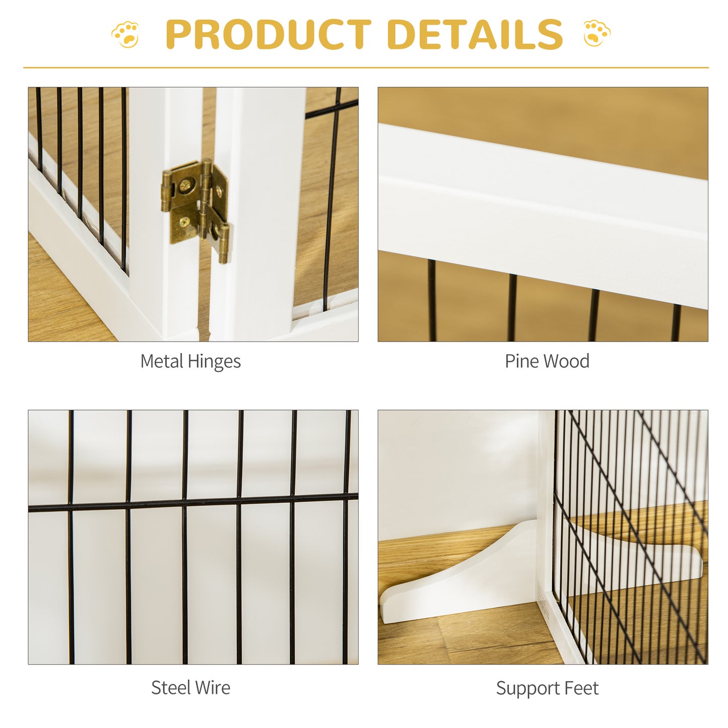 Wooden Pet Gate, Freestanding Dog Safety Barrier with 2 Support Feet, White