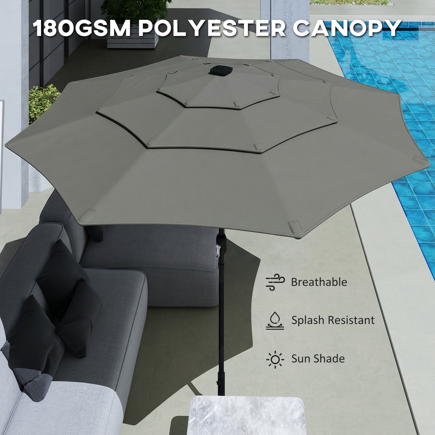 Garden Parasol, Parasol Umbrella with 3-tier Roof, Crank Handle, Tilt Function, Polyester Canopy, Grey