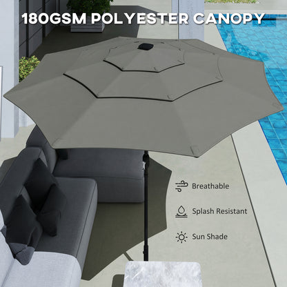 Garden Parasol, Parasol Umbrella with 3-tier Roof, Crank Handle, Tilt Function, Polyester Canopy, Grey